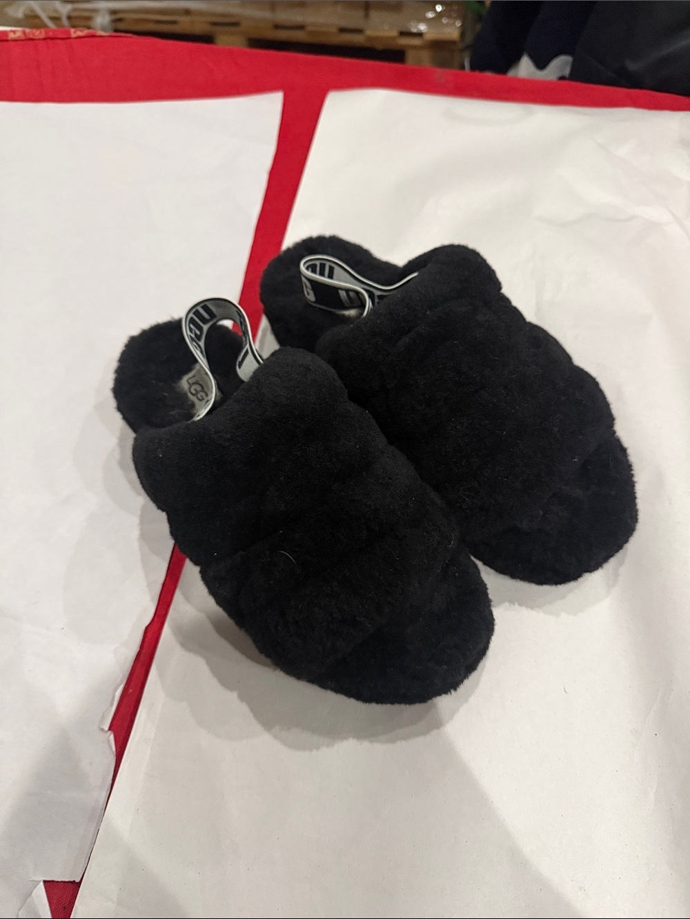 UGG Black Fuzzy Slide Slippers with Logo Elastic Heel Strap